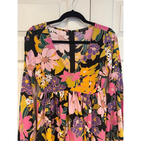 New Smak Parlour Floral Print Hippie 60s Long Bell Sleeve Mini Dress Party - Picture 6 of 8